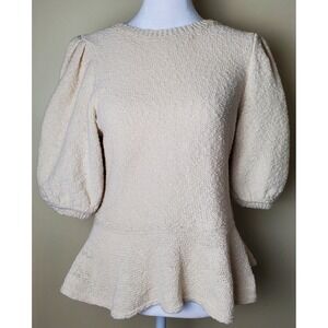 Me+Em Me And Em Short Puff Sleeve Peplum Hem Small Ivory Sweater Cotton Linen